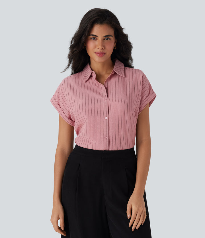 Collared Short Sleeve Button Stripe Work Linen-Feel Shirt — Candy Pink Black Yarn Dye Stripes — view 1