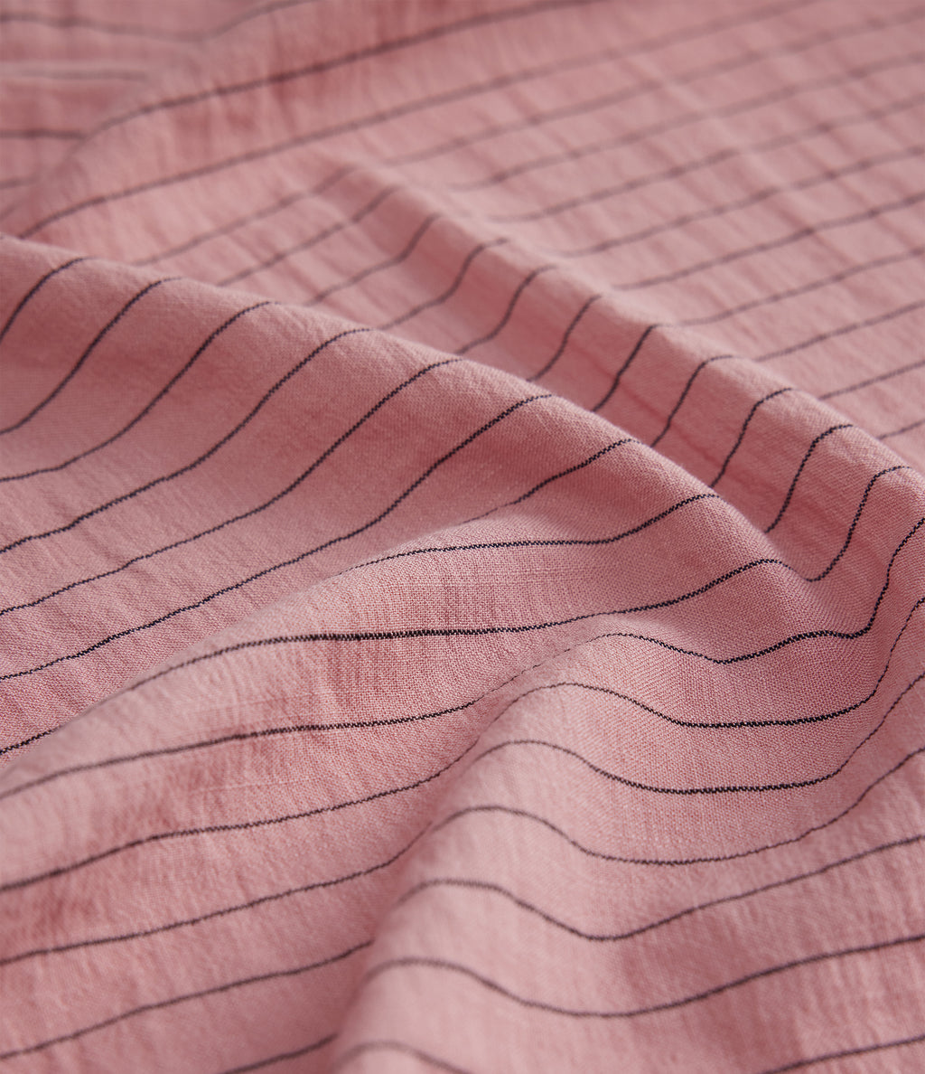 Collared Short Sleeve Button Stripe Work Linen-Feel Shirt — Candy Pink Black Yarn Dye Stripes — view 7
