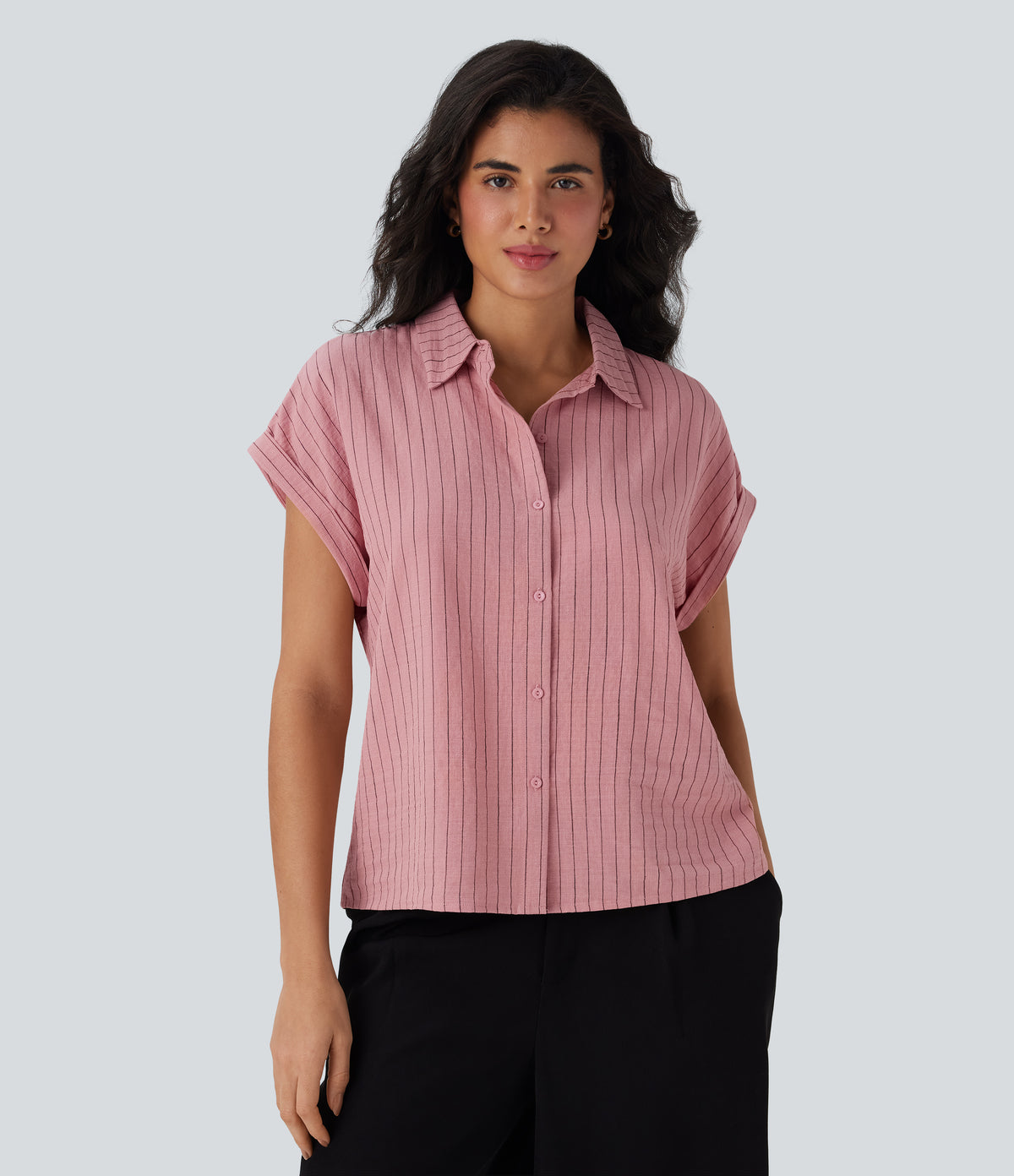 Collared Short Sleeve Button Stripe Work Linen-Feel Shirt — Candy Pink Black Yarn Dye Stripes — view 5
