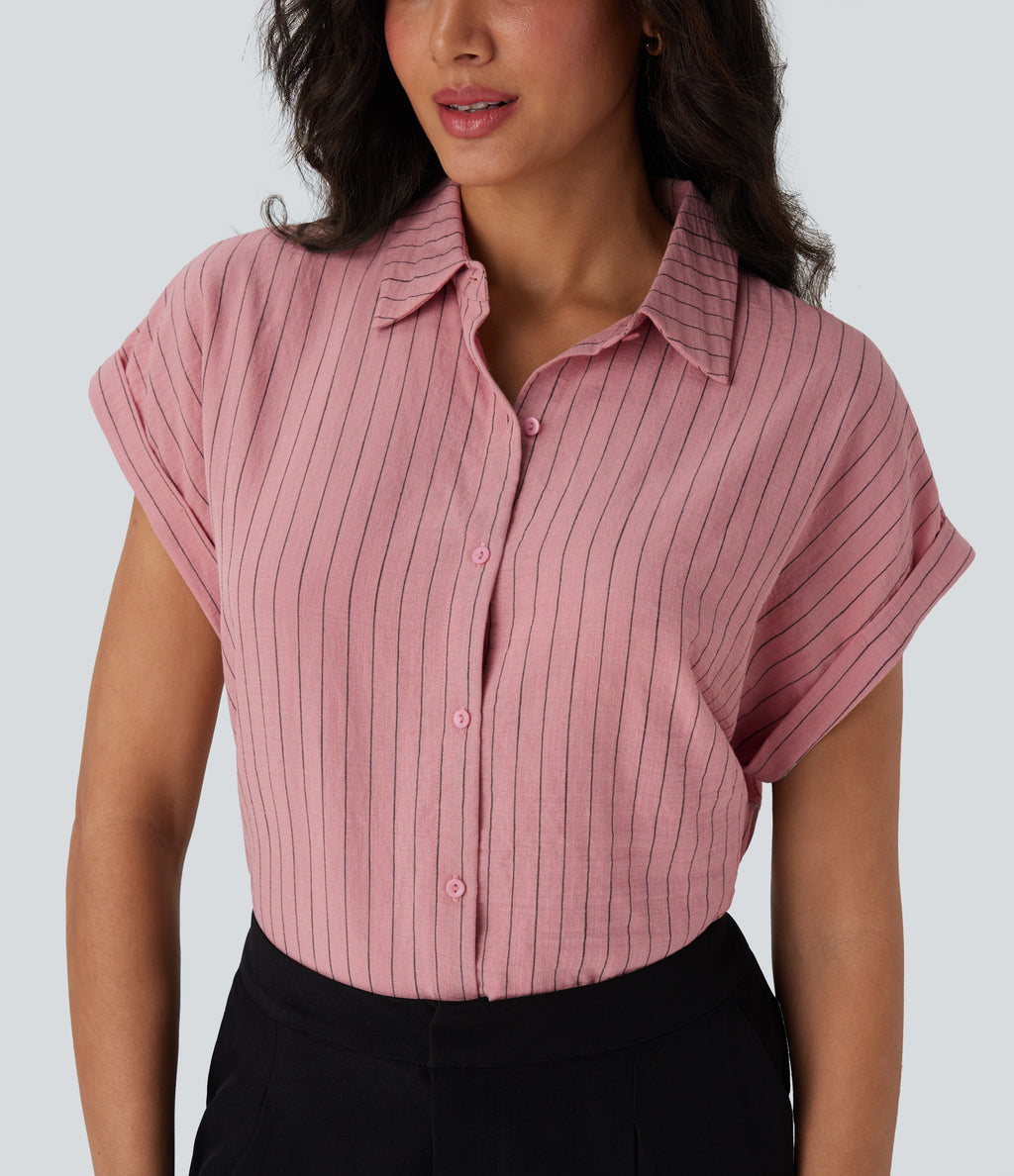 Collared Short Sleeve Button Stripe Work Linen-Feel Shirt — Candy Pink Black Yarn Dye Stripes — view 4