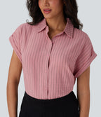 Collared Short Sleeve Button Stripe Work Linen-Feel Shirt — Candy Pink Black Yarn Dye Stripes — view 4