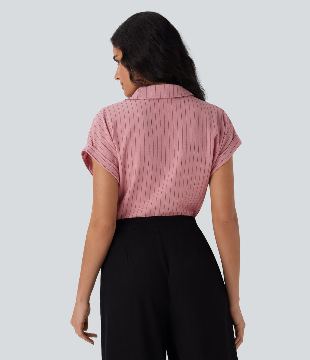 Collared Short Sleeve Button Stripe Work Linen-Feel Shirt — Candy Pink Black Yarn Dye Stripes — view 2