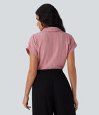 Collared Short Sleeve Button Stripe Work Linen-Feel Shirt — Candy Pink Black Yarn Dye Stripes — view 2