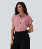 Collared Short Sleeve Button Stripe Work Linen-Feel Shirt — Candy Pink Black Yarn Dye Stripes — view 3