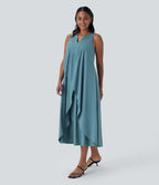 V Neck Sleeveless Layered Flowy Quick Dry Midi Casual Dress — Stone Blue — view 3