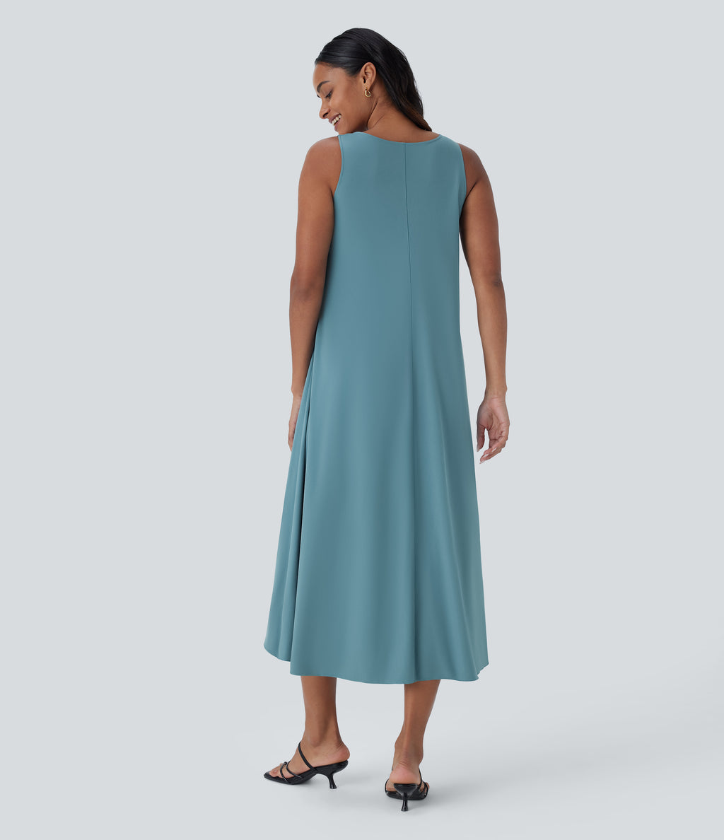 V Neck Sleeveless Layered Flowy Quick Dry Midi Casual Dress — Stone Blue — view 2