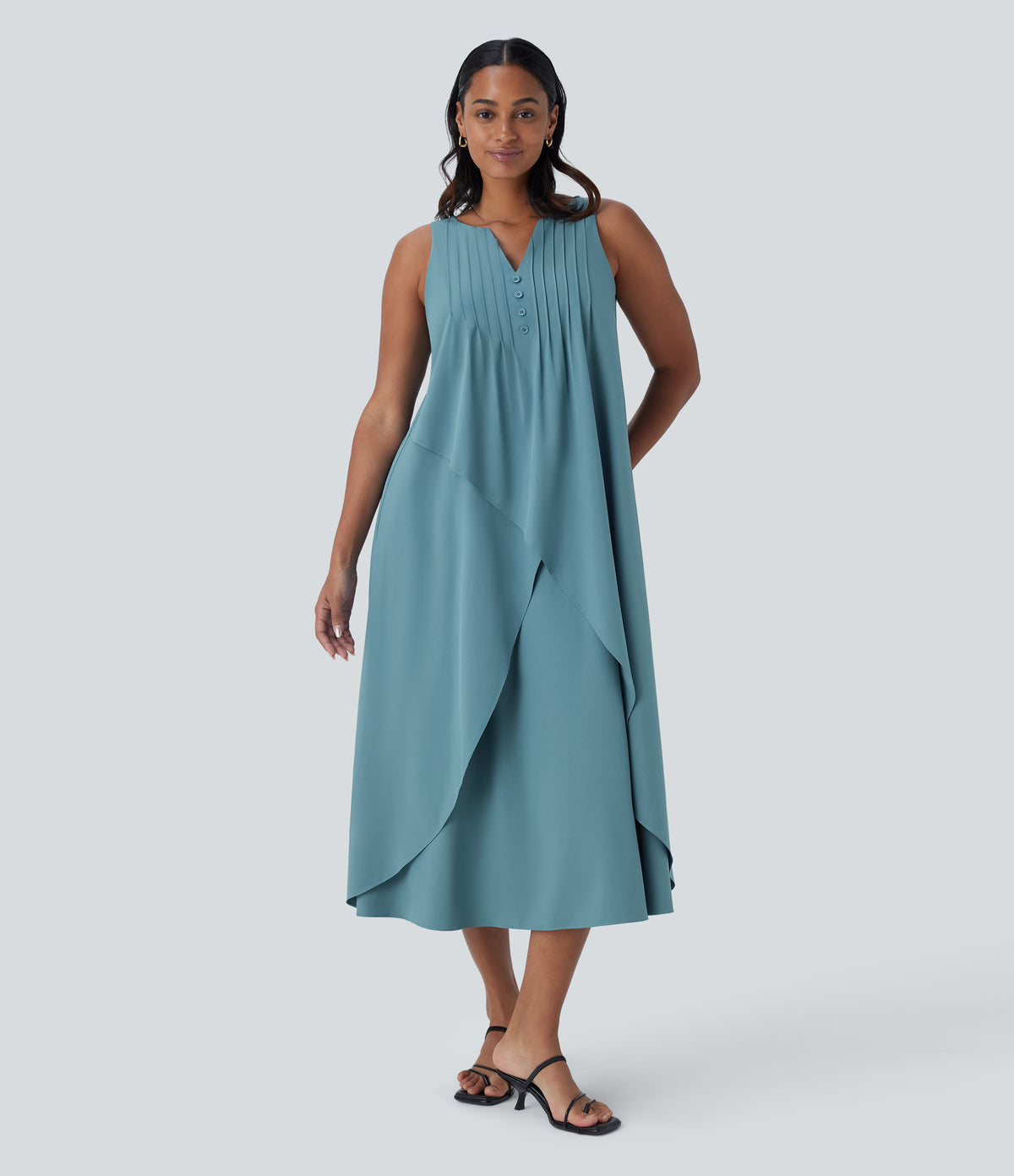 V Neck Sleeveless Layered Flowy Quick Dry Midi Casual Dress — Stone Blue — view 1