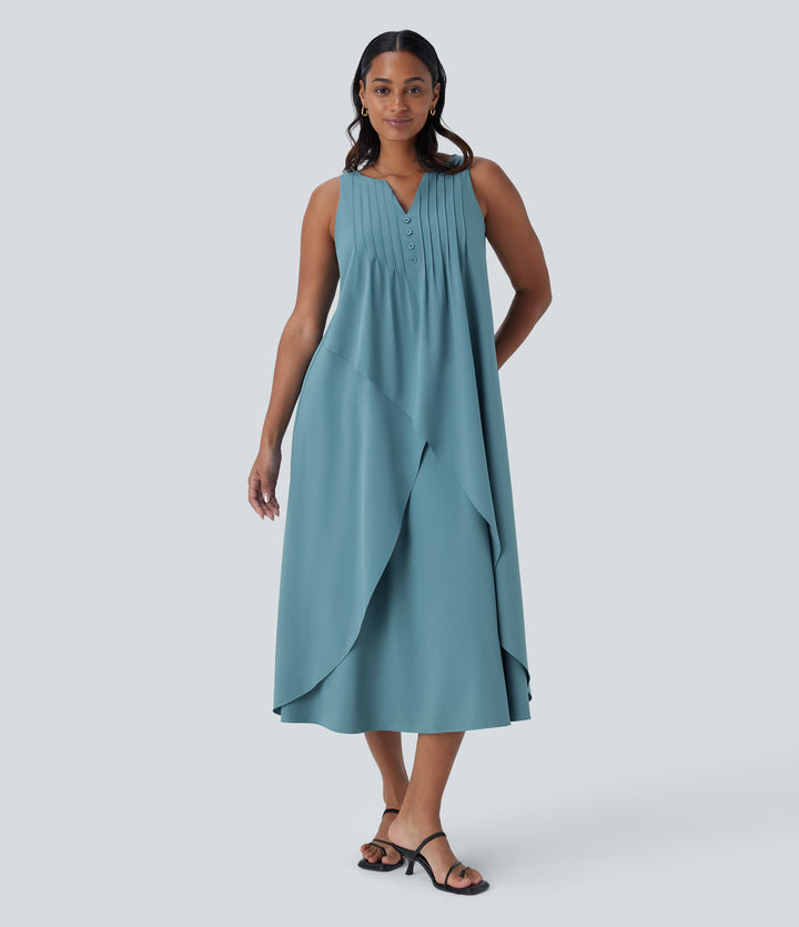 V Neck Sleeveless Layered Flowy Quick Dry Midi Casual Dress — Stone Blue — view 1
