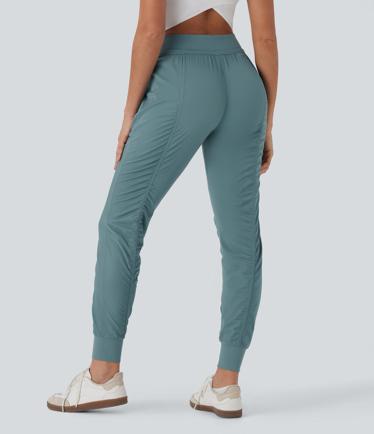 High Waisted Drawstring Tapered Travel Joggers with Side Zip Pockets — Arctic — view 2