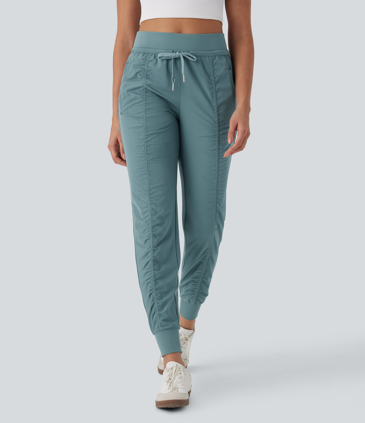 High Waisted Drawstring Tapered Travel Joggers with Side Zip Pockets — Arctic — view 1