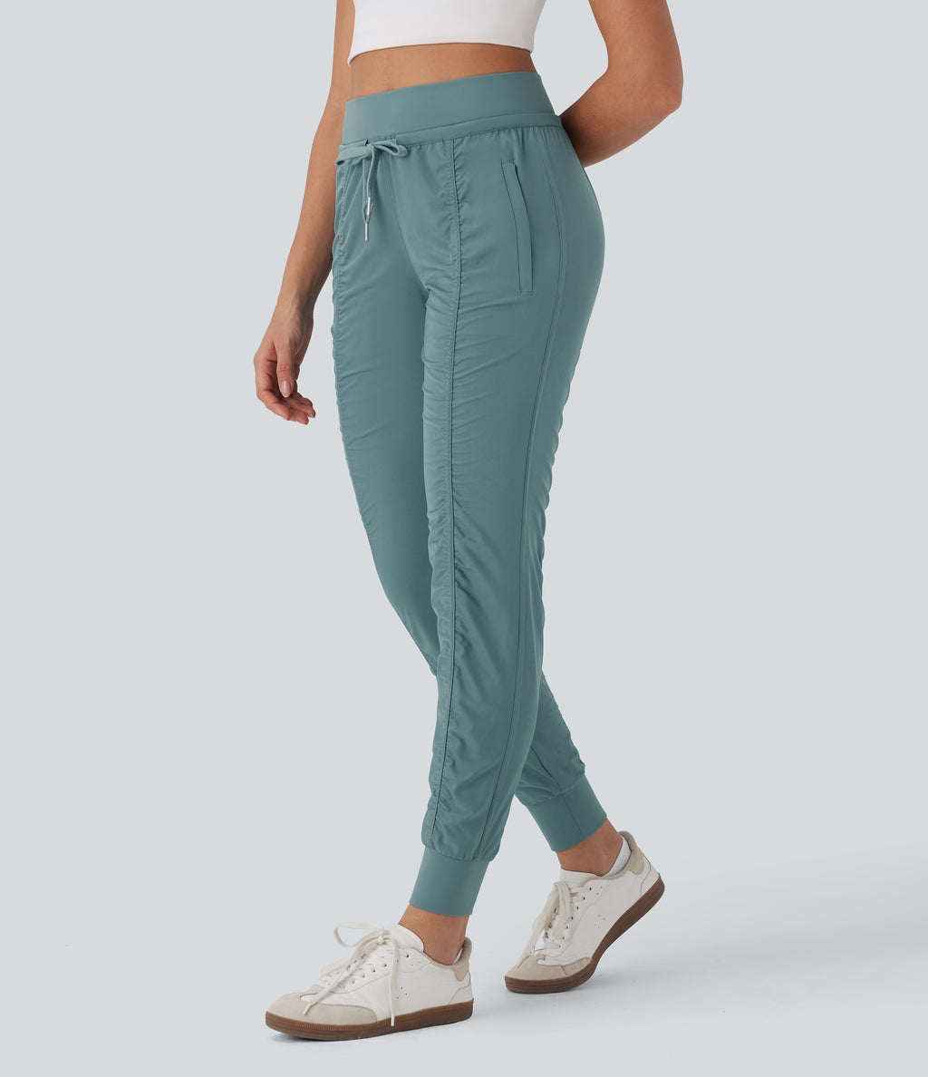 High Waisted Drawstring Tapered Travel Joggers with Side Zip Pockets — Arctic — view 3