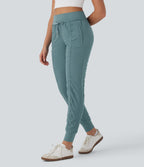High Waisted Drawstring Tapered Travel Joggers with Side Zip Pockets — Arctic — view 3
