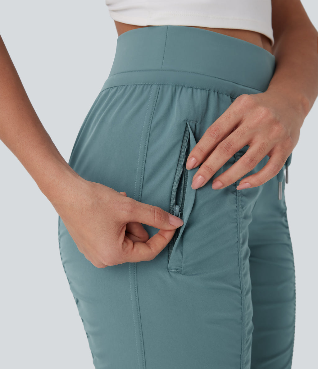 High Waisted Drawstring Tapered Travel Joggers with Side Zip Pockets — Arctic — view 4