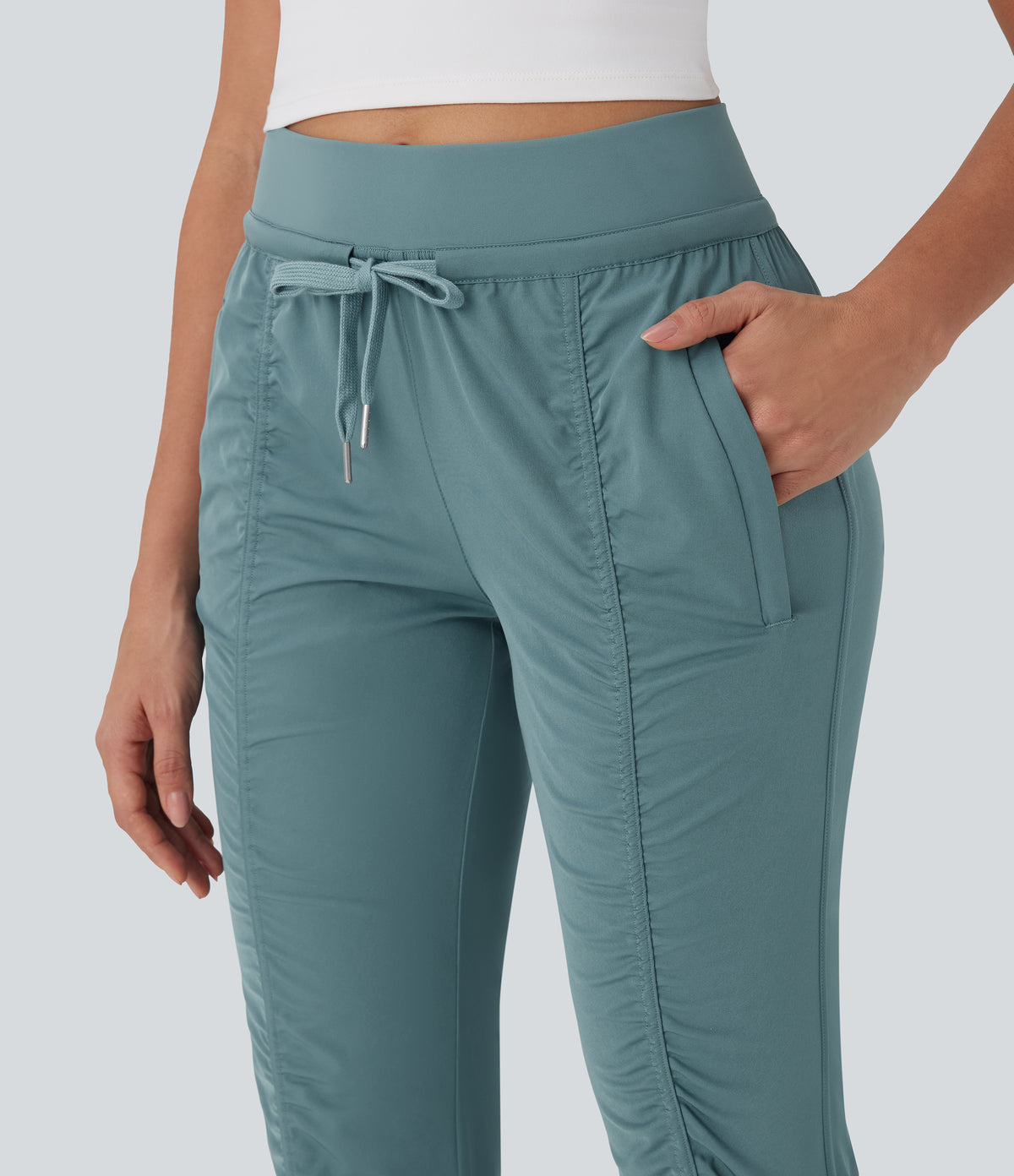High Waisted Drawstring Tapered Travel Joggers with Side Zip Pockets — Arctic — view 5