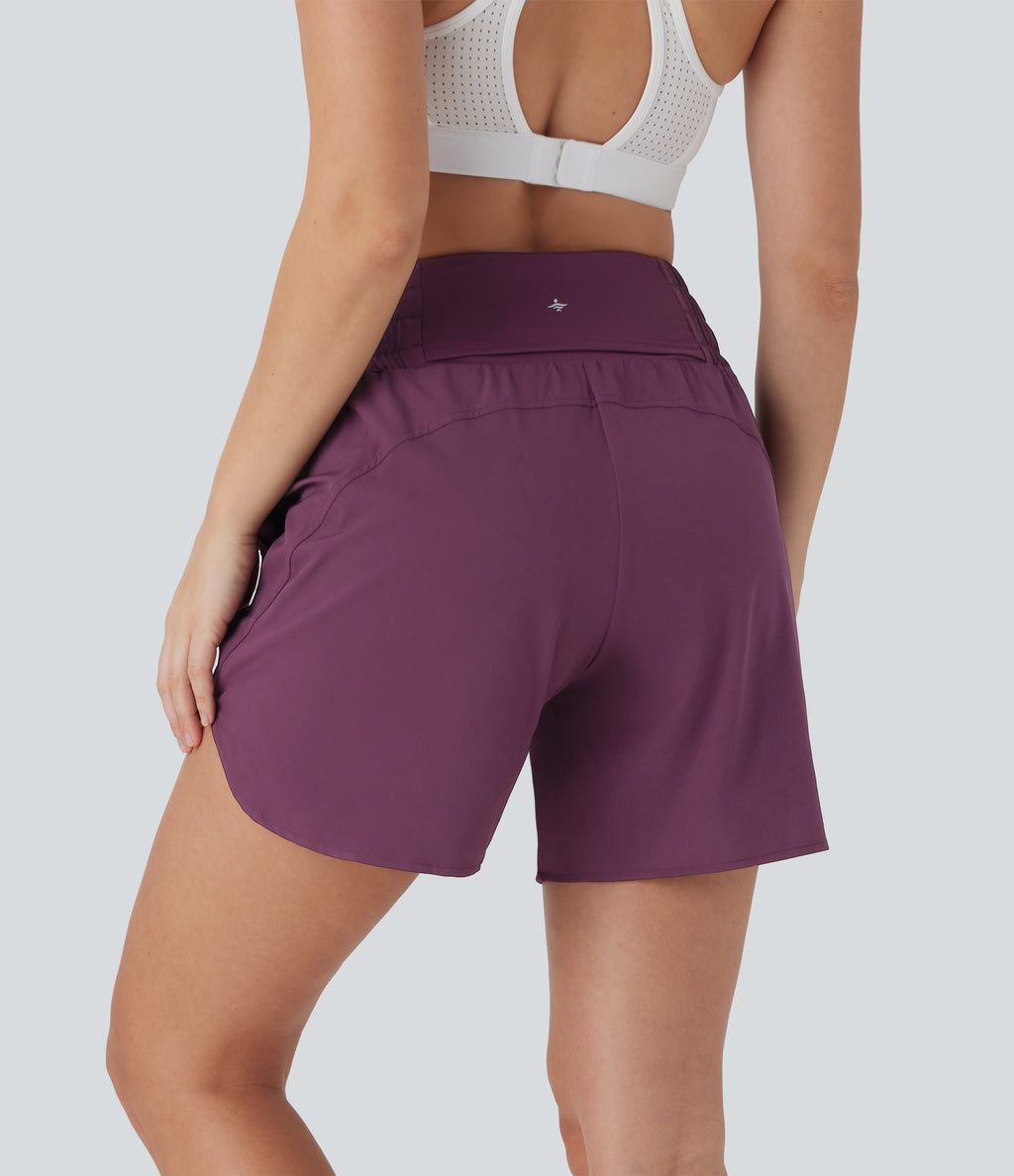 High Waisted Multiple Pockets 2-in-1 Curved Hem Quick Dry Running Shorts 5.5''-Longer Length — Amaranth — view 3
