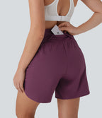High Waisted Multiple Pockets 2-in-1 Curved Hem Quick Dry Running Shorts 5.5''-Longer Length — Amaranth — view 5