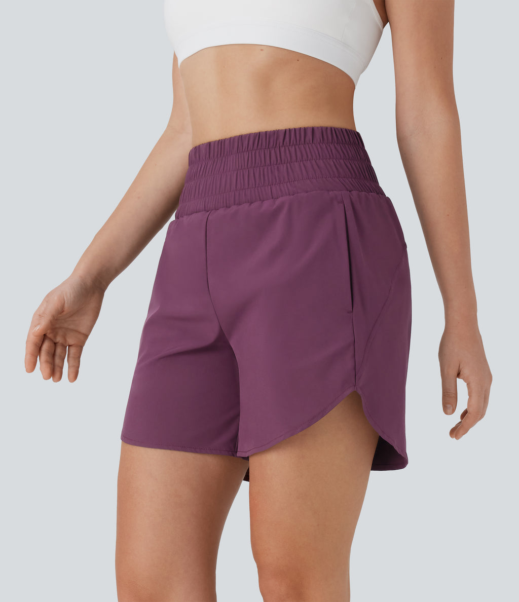 High Waisted Multiple Pockets 2-in-1 Curved Hem Quick Dry Running Shorts 5.5''-Longer Length — Amaranth — view 4
