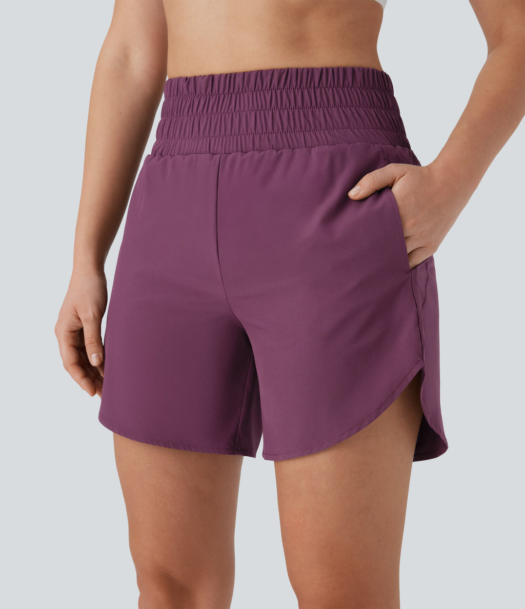 High Waisted Multiple Pockets 2-in-1 Curved Hem Quick Dry Running Shorts 5.5''-Longer Length — Amaranth — view 7