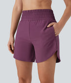 High Waisted Multiple Pockets 2-in-1 Curved Hem Quick Dry Running Shorts 5.5''-Longer Length — Amaranth — view 7
