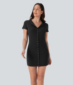 Ribbed Knit Round Neck Button Mini Casual Dress — Black — view 1
