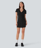 Ribbed Knit Round Neck Button Mini Casual Dress — Black — view 6