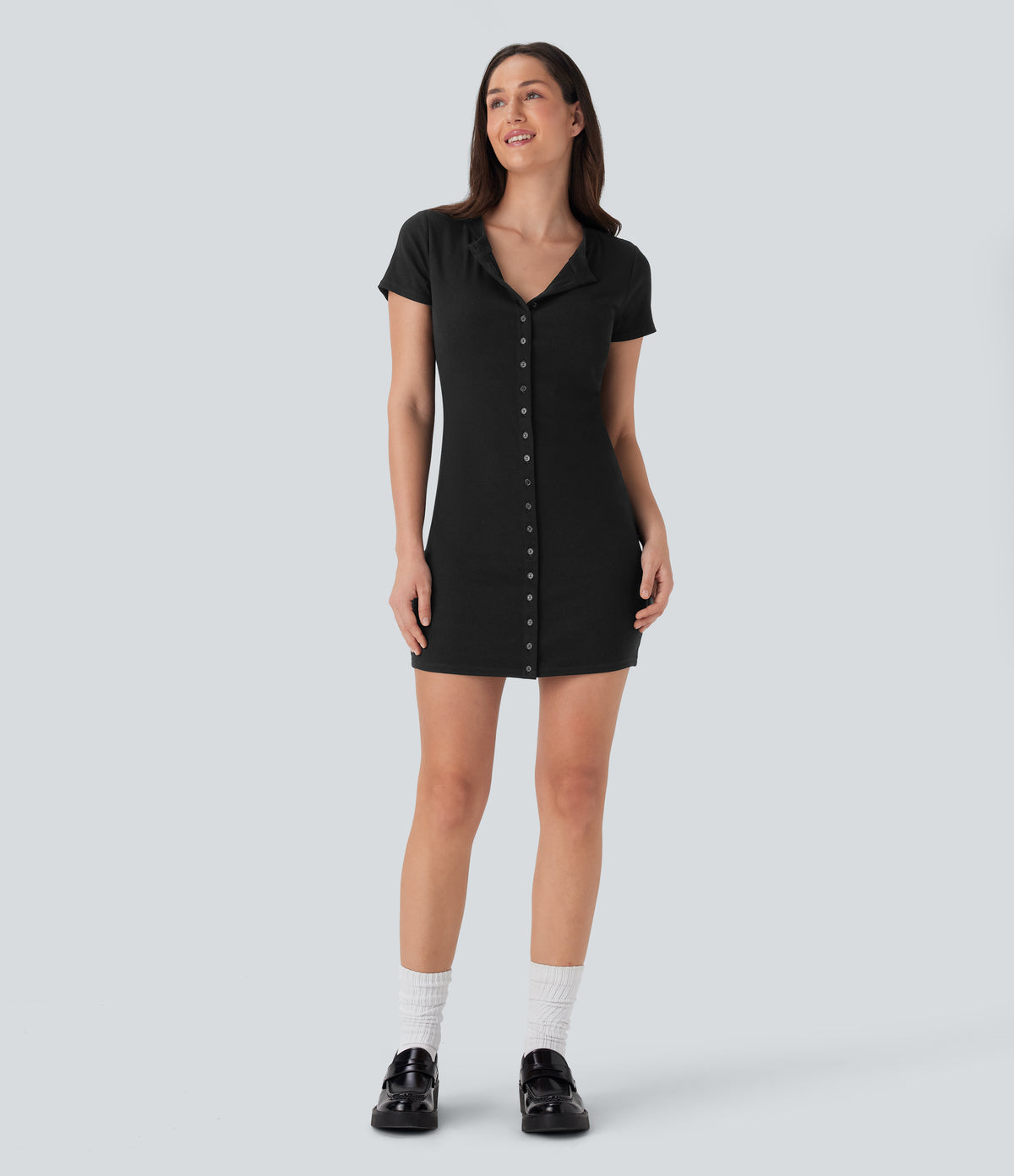 Ribbed Knit Round Neck Button Mini Casual Dress — Black — view 6