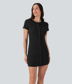 Ribbed Knit Round Neck Button Mini Casual Dress — Black — view 5