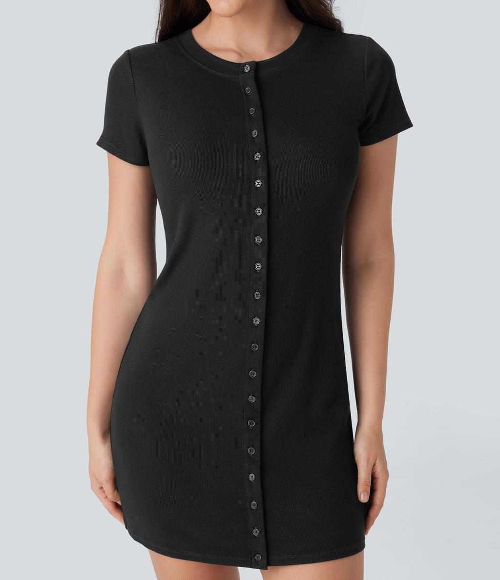 Ribbed Knit Round Neck Button Mini Casual Dress — Black — view 4