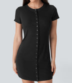 Ribbed Knit Round Neck Button Mini Casual Dress — Black — view 4