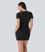 Ribbed Knit Round Neck Button Mini Casual Dress — Black — view 2