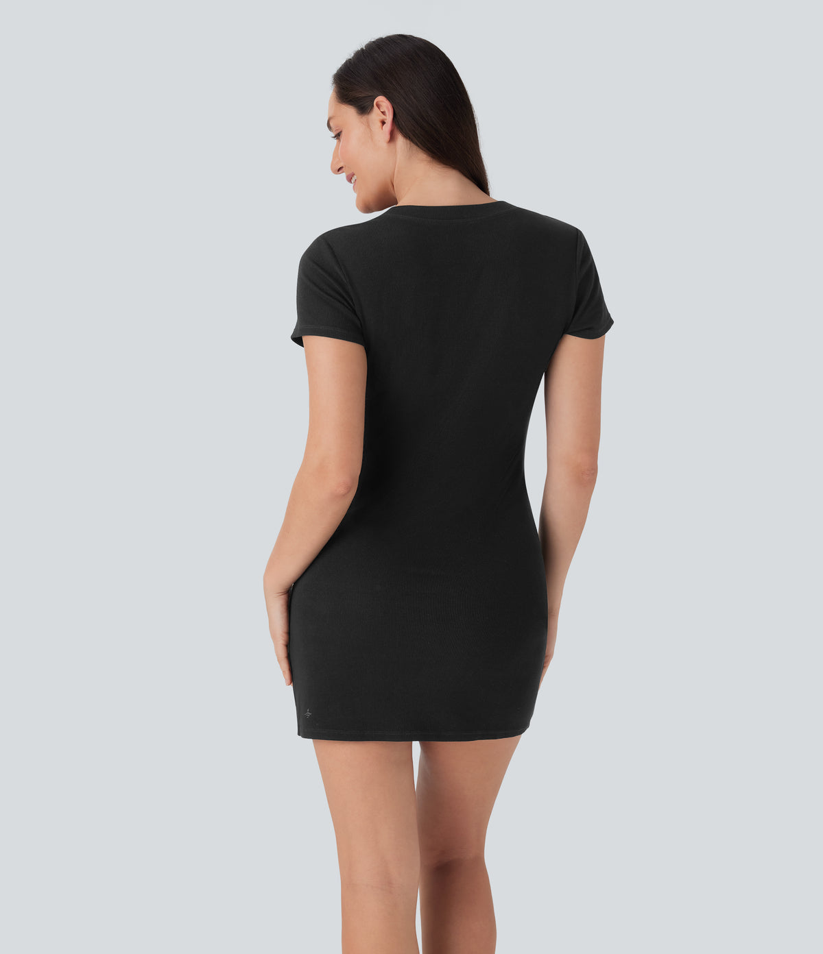 Ribbed Knit Round Neck Button Mini Casual Dress — Black — view 2