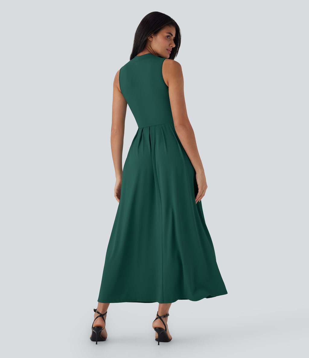 Stand Collar Sleeveless Flare Maxi Casual Dress with Side Pockets — Rain Forest — view 2
