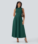 Stand Collar Sleeveless Flare Maxi Casual Dress with Side Pockets — Rain Forest — view 6
