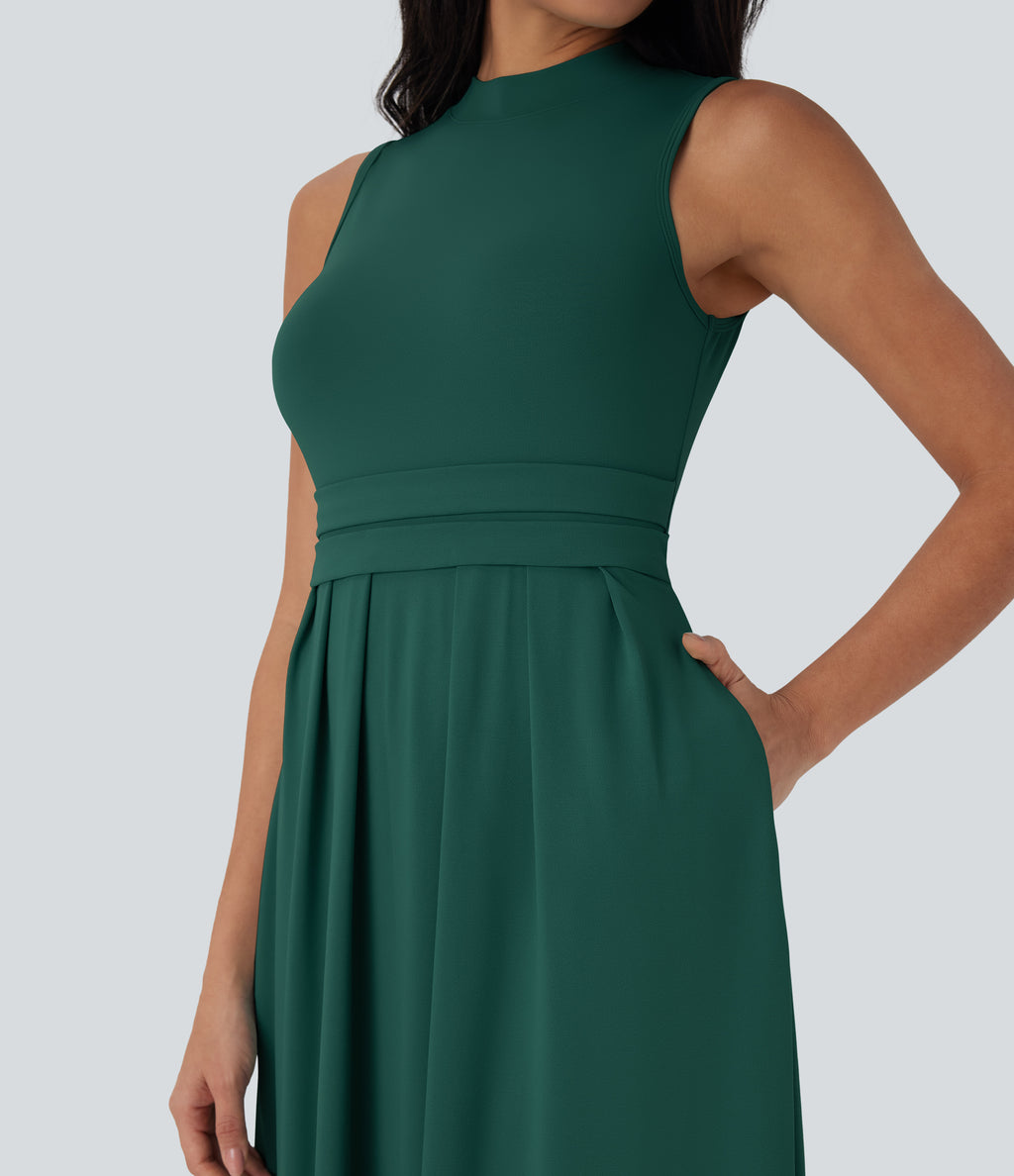 Stand Collar Sleeveless Flare Maxi Casual Dress with Side Pockets — Rain Forest — view 4
