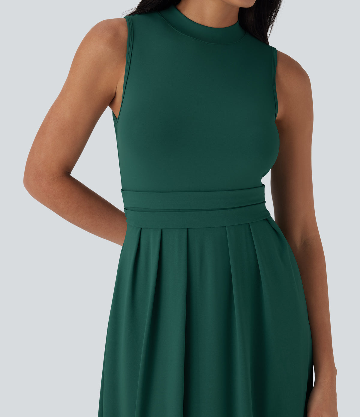Stand Collar Sleeveless Flare Maxi Casual Dress with Side Pockets — Rain Forest — view 5