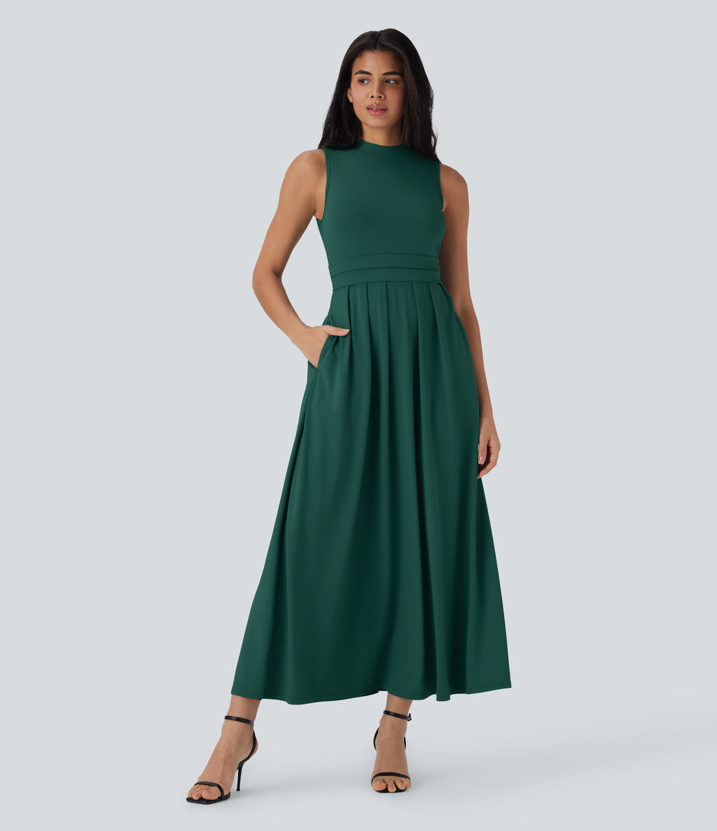 Stand Collar Sleeveless Flare Maxi Casual Dress with Side Pockets — Rain Forest — view 1