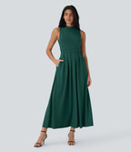 Stand Collar Sleeveless Flare Maxi Casual Dress with Side Pockets — Rain Forest — view 1