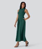 Stand Collar Sleeveless Flare Maxi Casual Dress with Side Pockets — Rain Forest — view 3