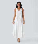 U Neck Backless Split Flowy Maxi Casual Tank Dress — White — view 3