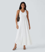 U Neck Backless Split Flowy Maxi Casual Tank Dress — White — view 6