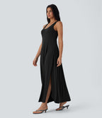U Neck Backless Split Flowy Maxi Casual Tank Dress — Black — view 7