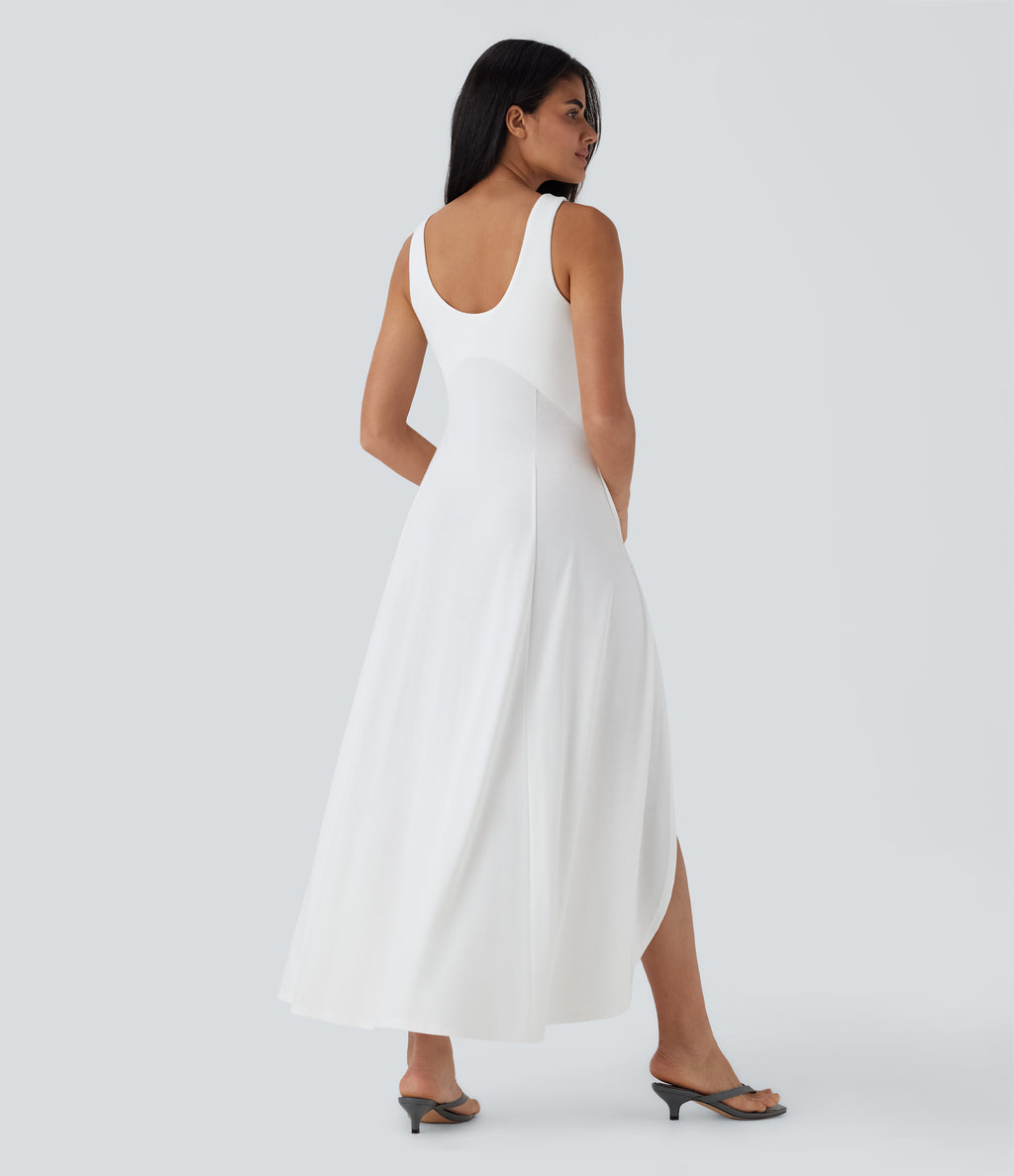 U Neck Backless Split Flowy Maxi Casual Tank Dress — White — view 2