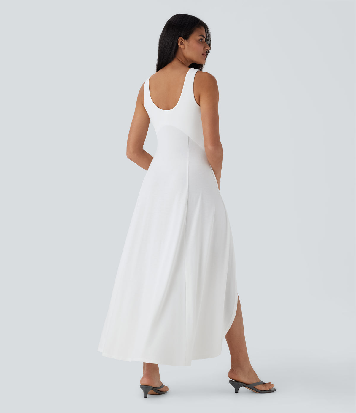 U Neck Backless Split Flowy Maxi Casual Tank Dress — White — view 2