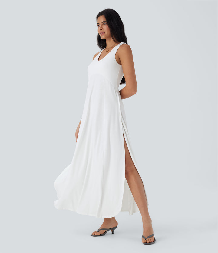 U Neck Backless Split Flowy Maxi Casual Tank Dress — White — view 1