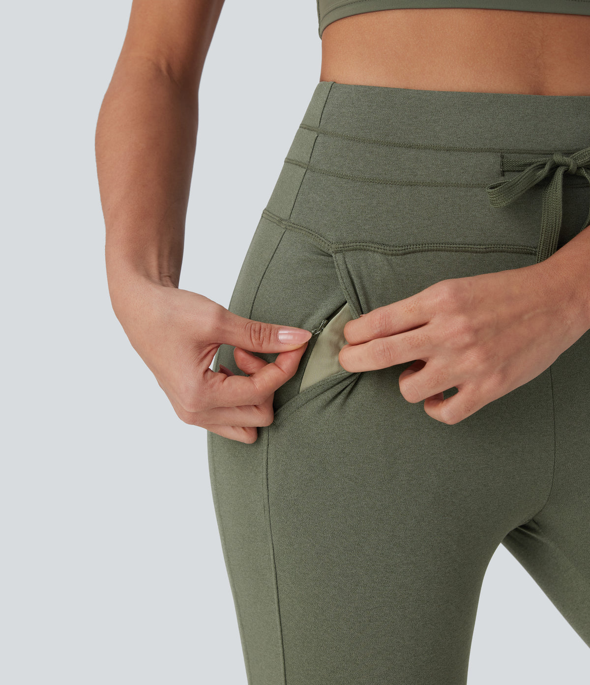 High Waisted Drawstring Cropped Capri Quick Dry Yoga Joggers with Side Pockets — Rifle Green Heather — view 4