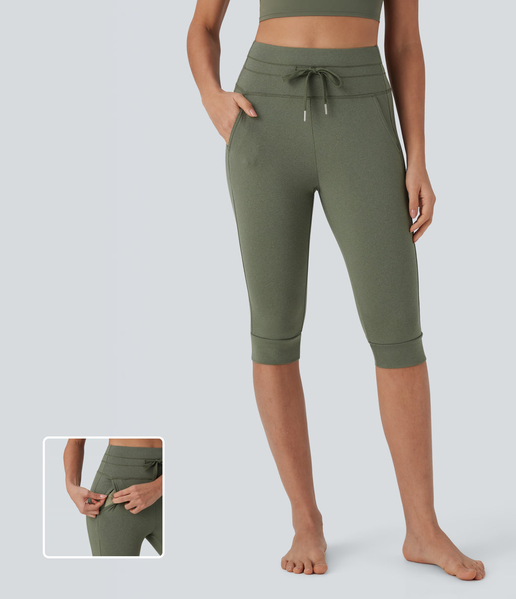 High Waisted Drawstring Cropped Capri Quick Dry Yoga Joggers with Side Pockets — Rifle Green Heather — view 1