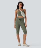 High Waisted Drawstring Cropped Capri Quick Dry Yoga Joggers with Side Pockets — Rifle Green Heather — view 7