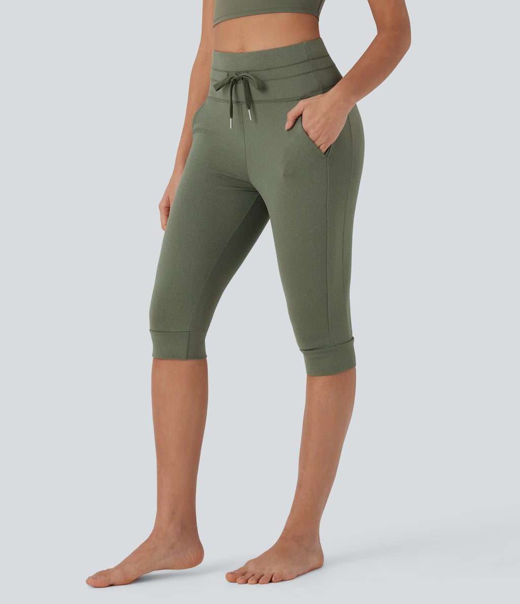 High Waisted Drawstring Cropped Capri Quick Dry Yoga Joggers with Side Pockets — Rifle Green Heather — view 3