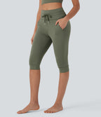 High Waisted Drawstring Cropped Capri Quick Dry Yoga Joggers with Side Pockets — Rifle Green Heather — view 3