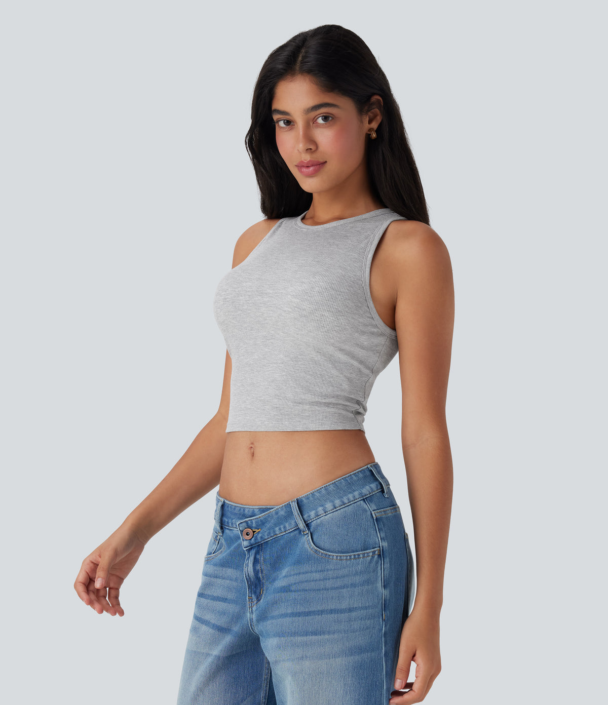 Round Neck Cropped Casual Tank Vest Top — Mottled Grey — view 3
